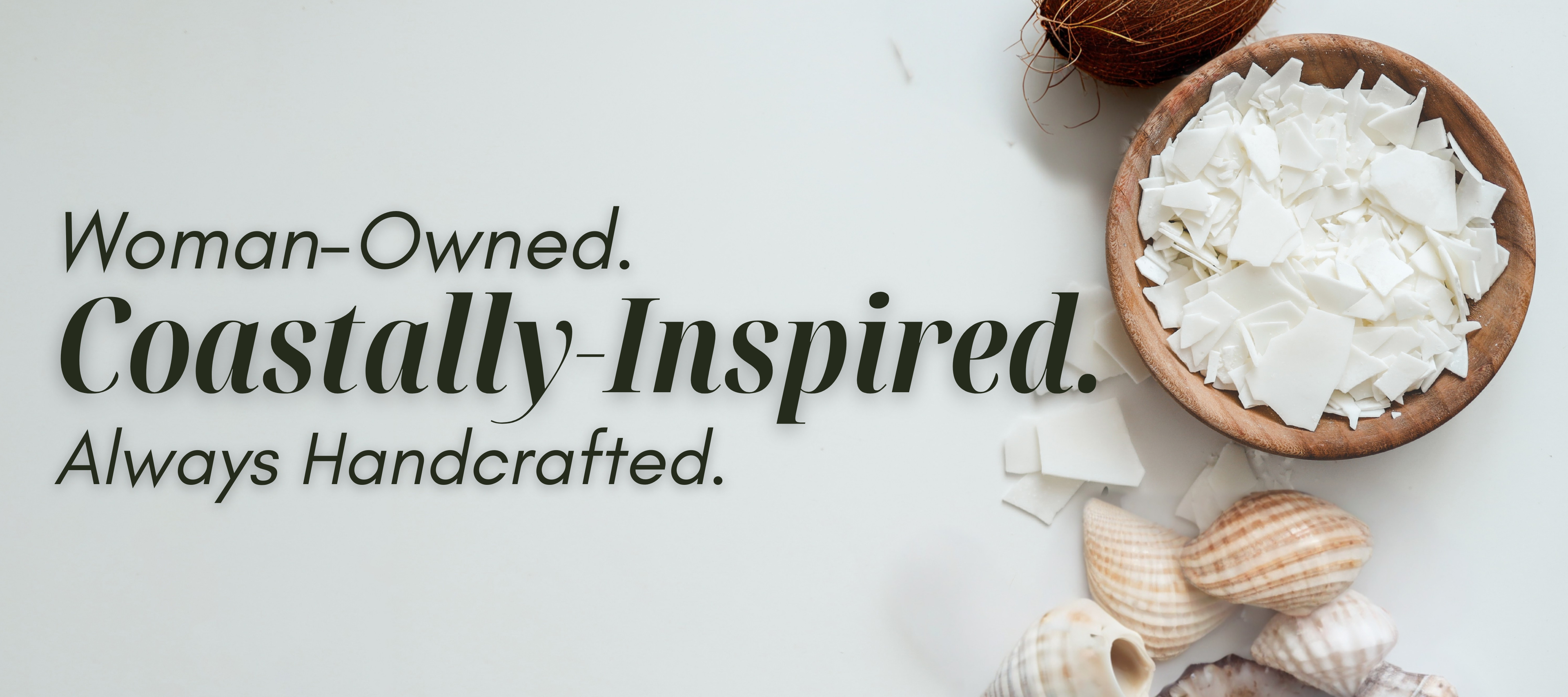 Bowl of soy wax chips with shells on a light background, featuring text about woman-owned and coastally-inspired products.